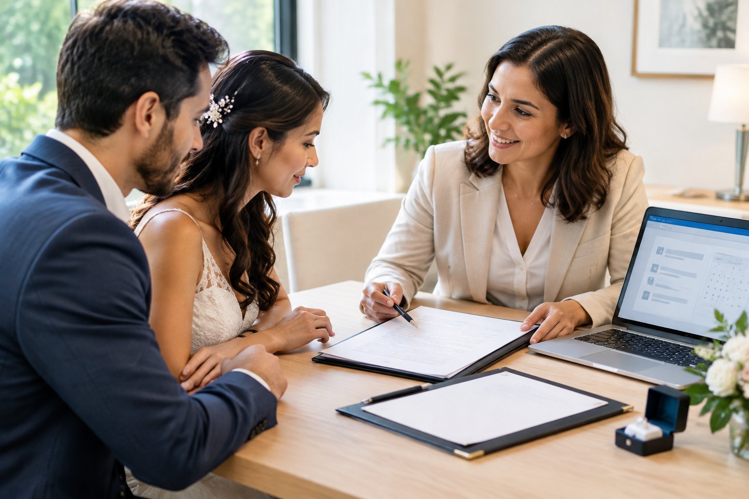 A couple reviews blank ceremony documents with a celebrant during a consultation.