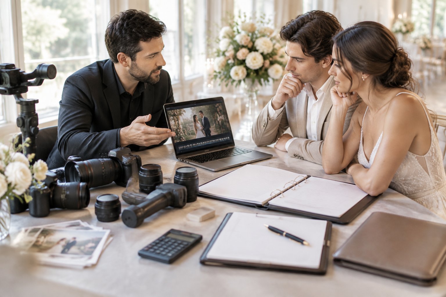 A couple discusses wedding videography options with a professional videographer beside camera equipment and a laptop.