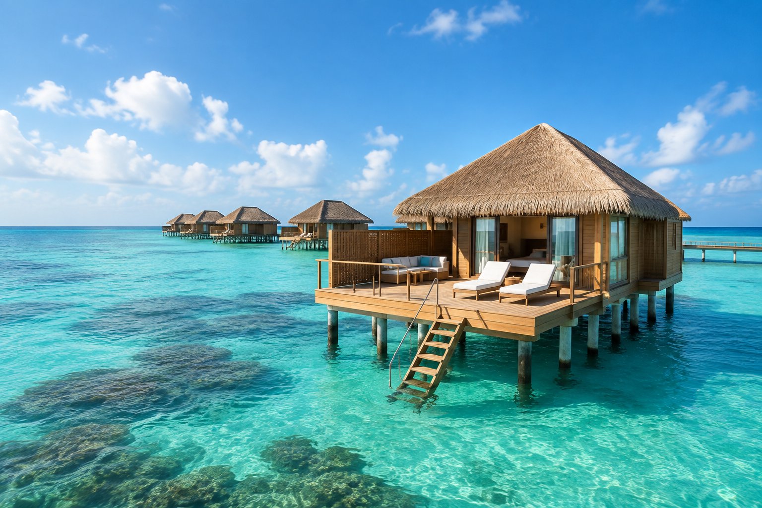 An overwater bungalow villa surrounded by clear turquoise sea in Aruba.