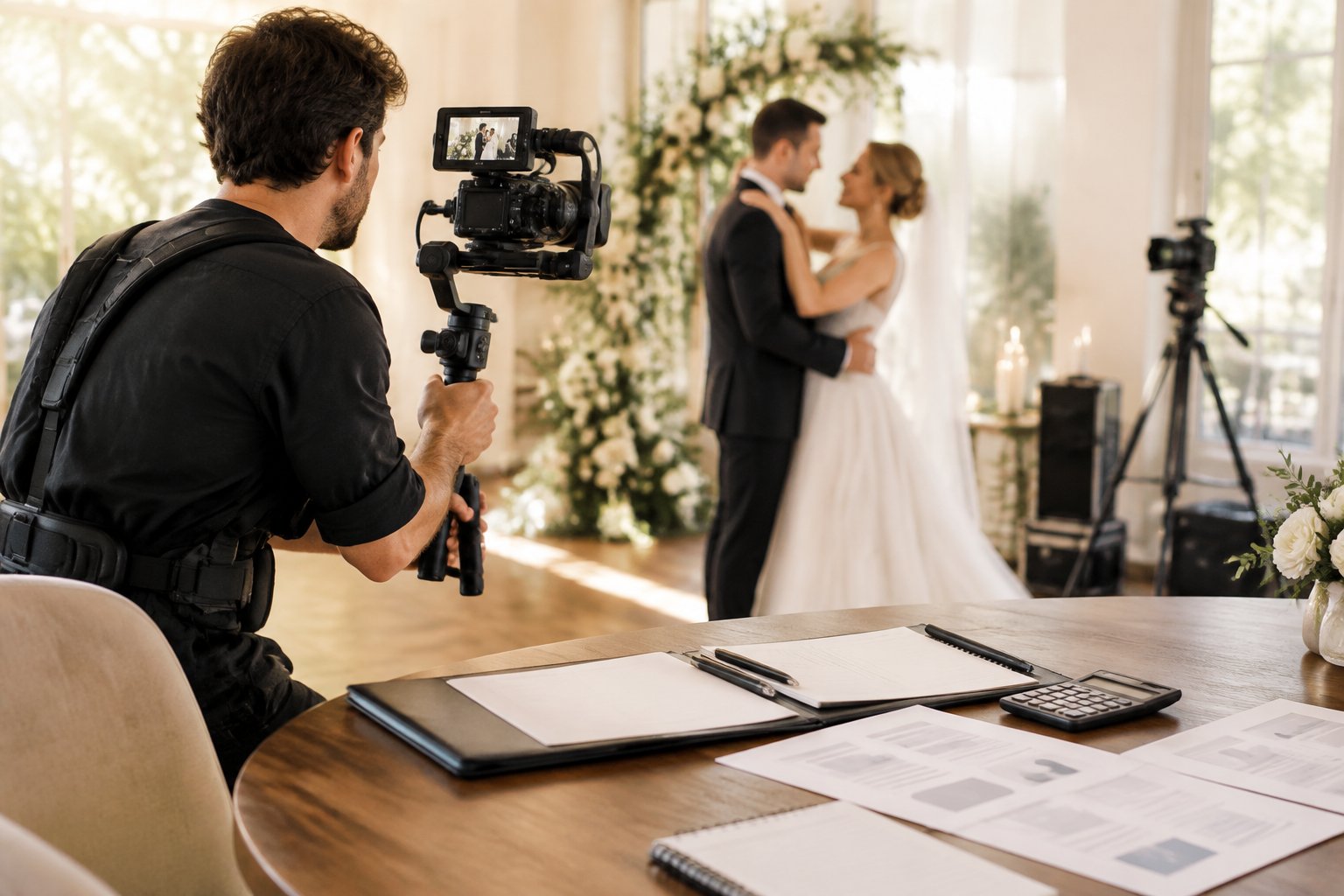 A wedding videographer films a couple at an elegant reception while pricing materials rest on a nearby table.