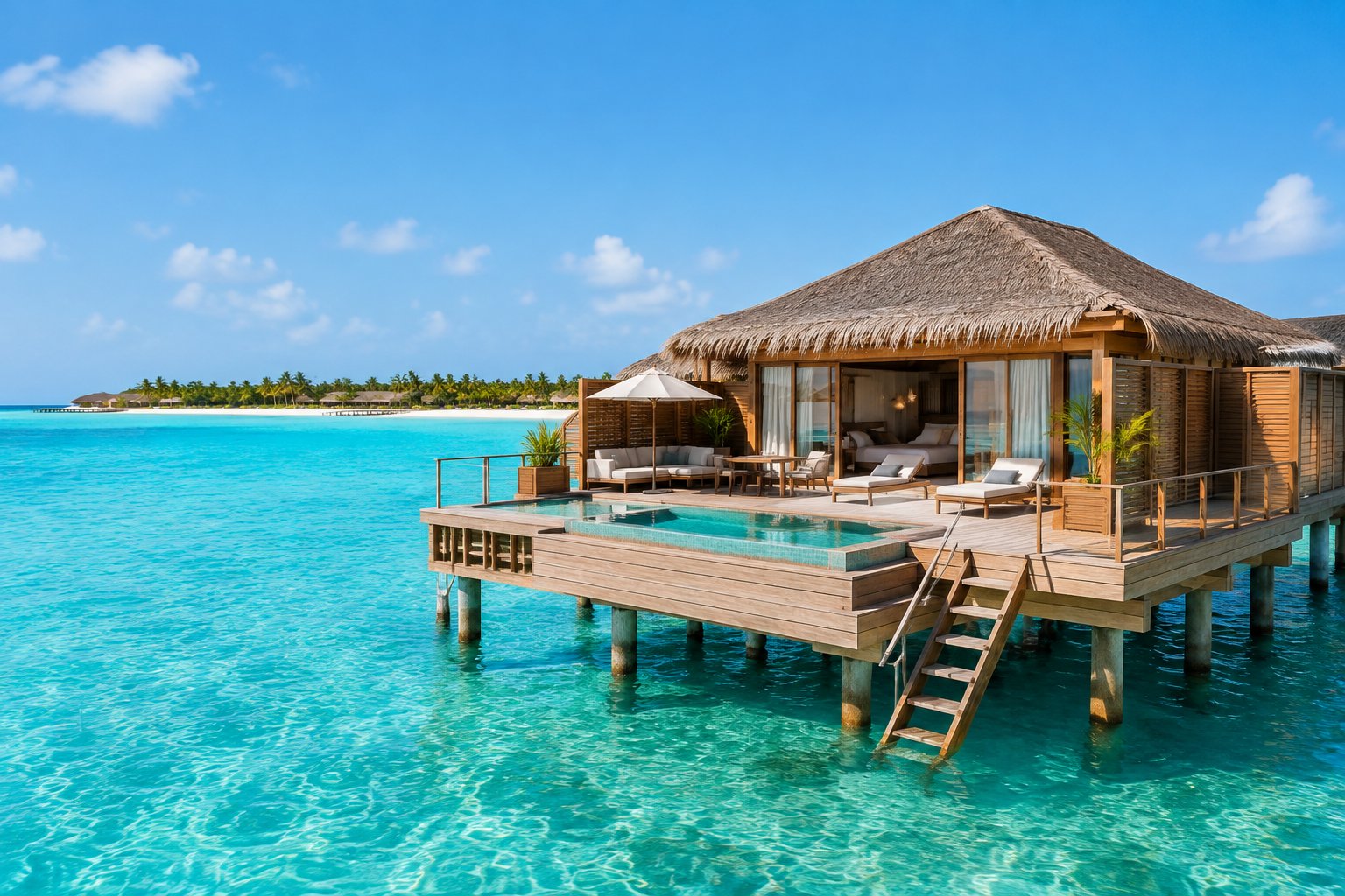 A luxury overwater bungalow with a sun deck above clear turquoise Caribbean water near a sandy beach.