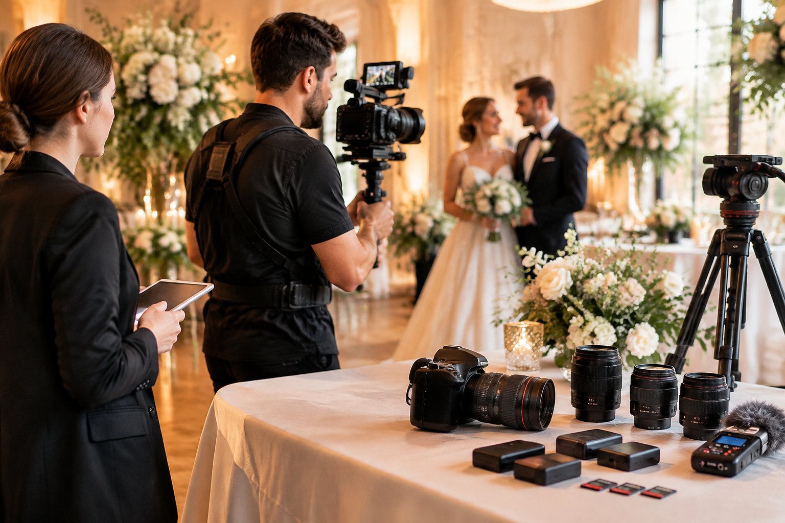 A wedding videographer records a newlywed couple while professional cameras and filming equipment are arranged nearby.