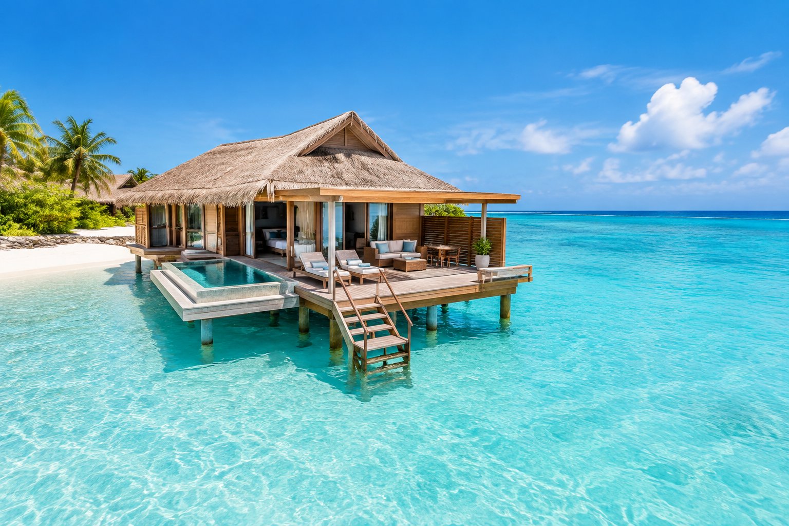 A luxurious overwater villa surrounded by clear turquoise sea and white sand in Aruba.