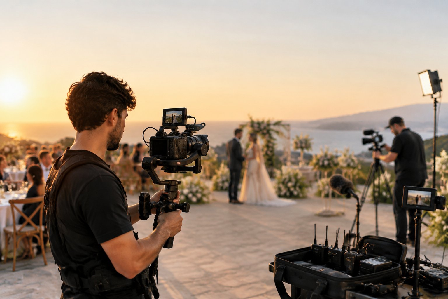 A wedding videographer films an outdoor reception while another crew member adjusts a camera in the background.