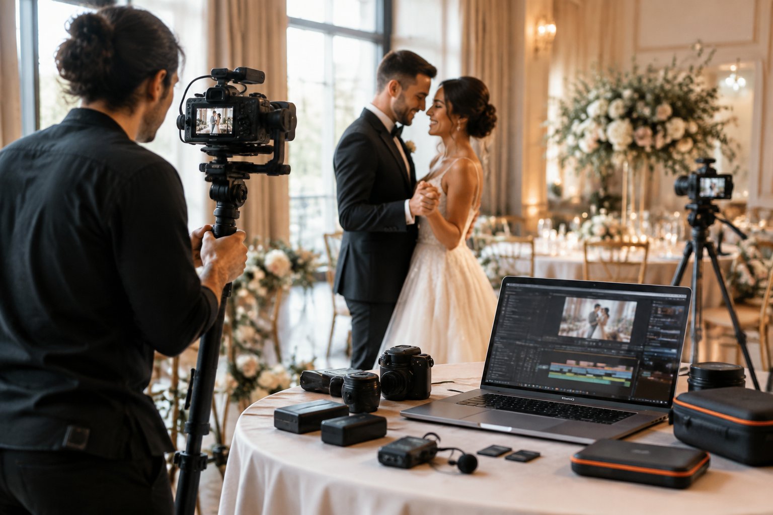 A wedding videographer films a couple during an elegant reception while professional cameras and editing equipment are nearby.