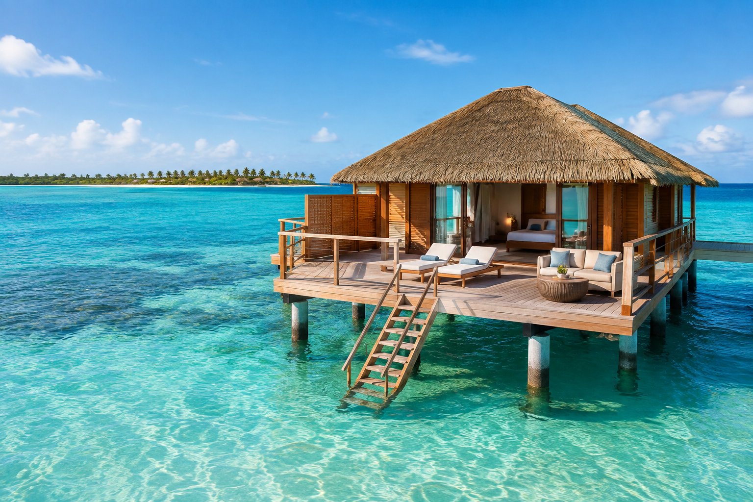 A luxurious overwater villa with a sun deck above Aruba’s clear turquoise sea.