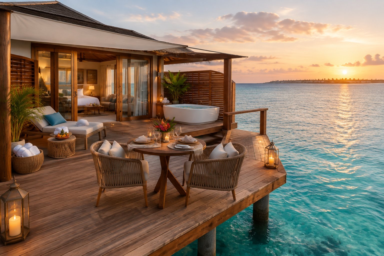 An overwater bungalow in Aruba with a romantic dining setup and wellness touches on a private deck above turquoise water.