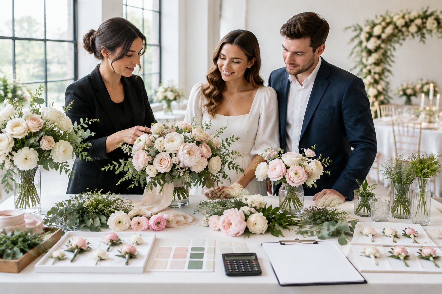 A florist and an engaged couple review wedding flowers and arrangement options at a worktable.