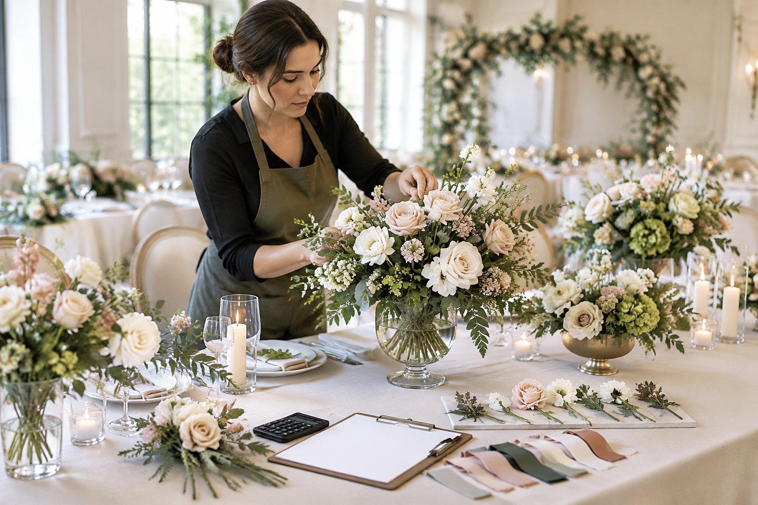 A florist arranges a wedding centerpiece beside planning materials on a reception table.