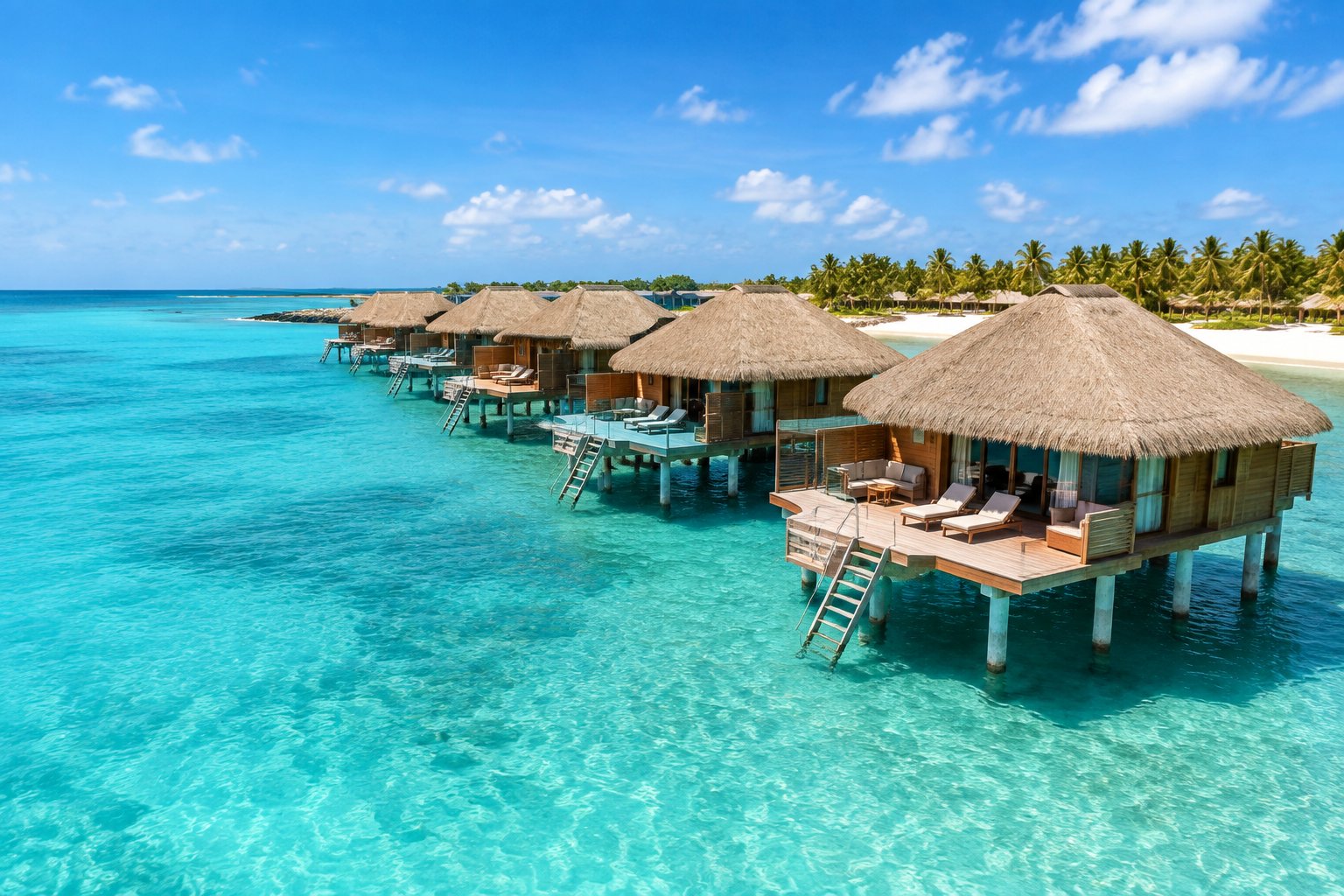 Overwater bungalows surrounded by clear turquoise Caribbean water near a tropical island shoreline.