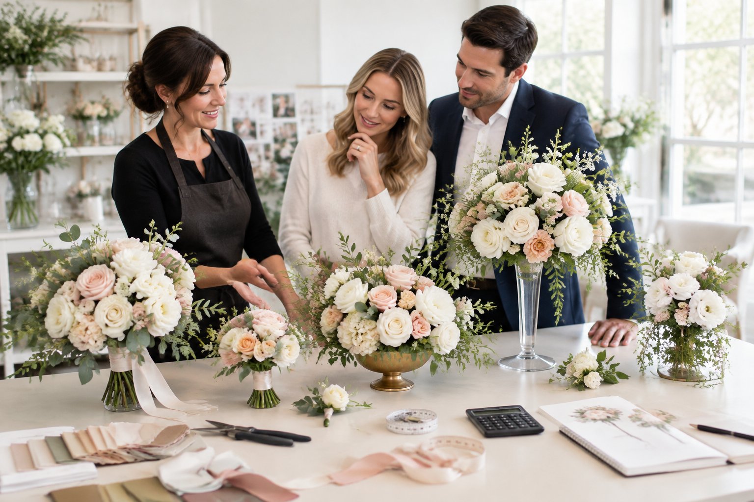 A florist and engaged couple compare several wedding bouquets, boutonnieres, and floral centerpieces in a bright studio.