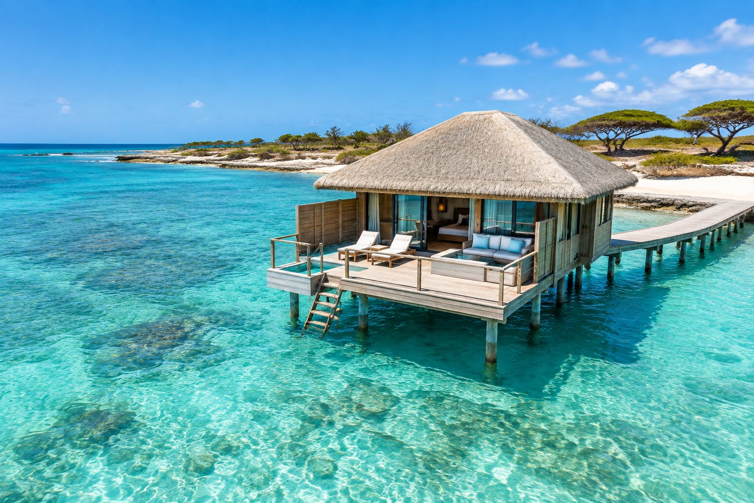 An overwater bungalow on a wooden walkway above clear turquoise water near Aruba’s tropical shoreline.