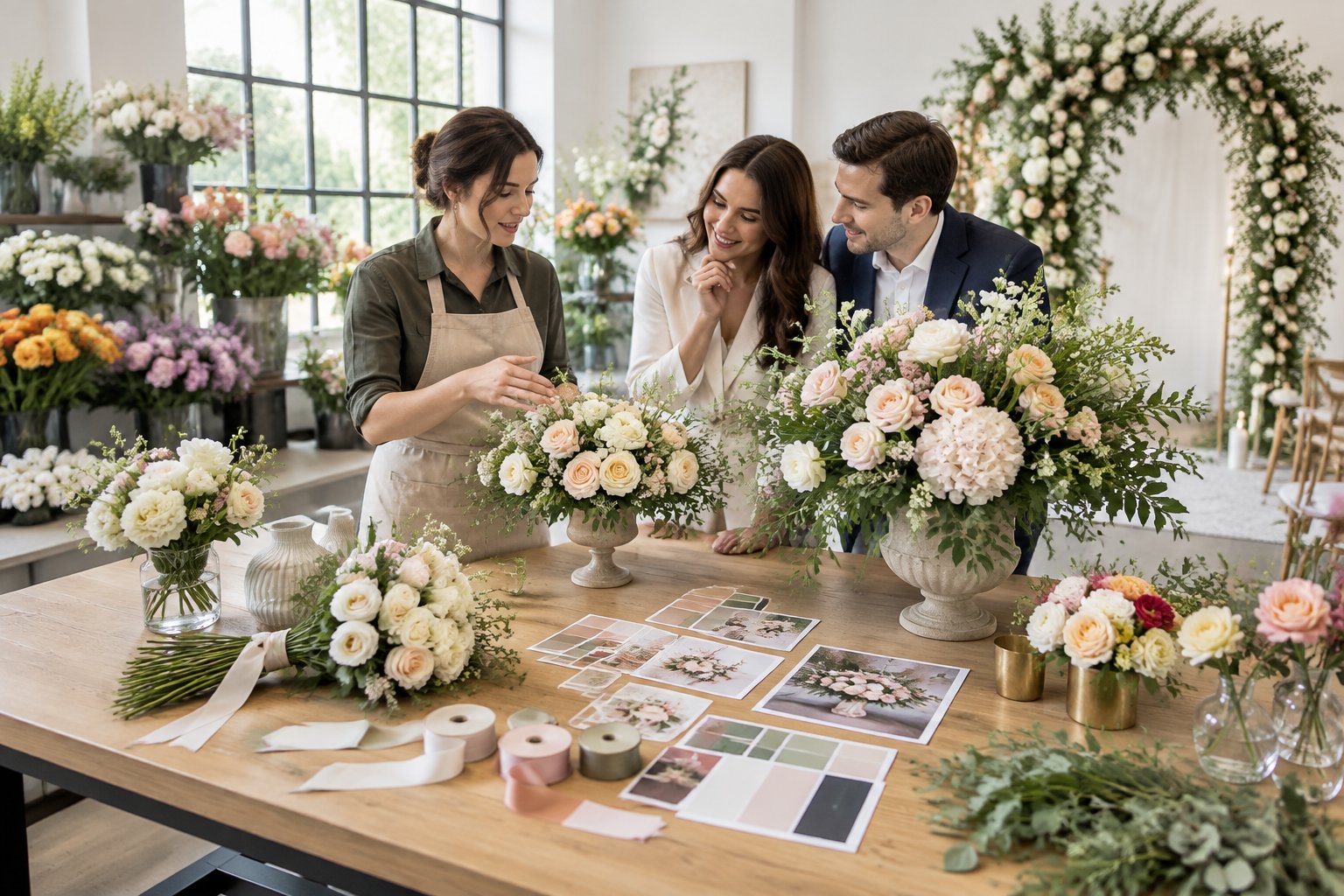 A florist and couple compare simple and elaborate wedding flower arrangements in a bright studio.