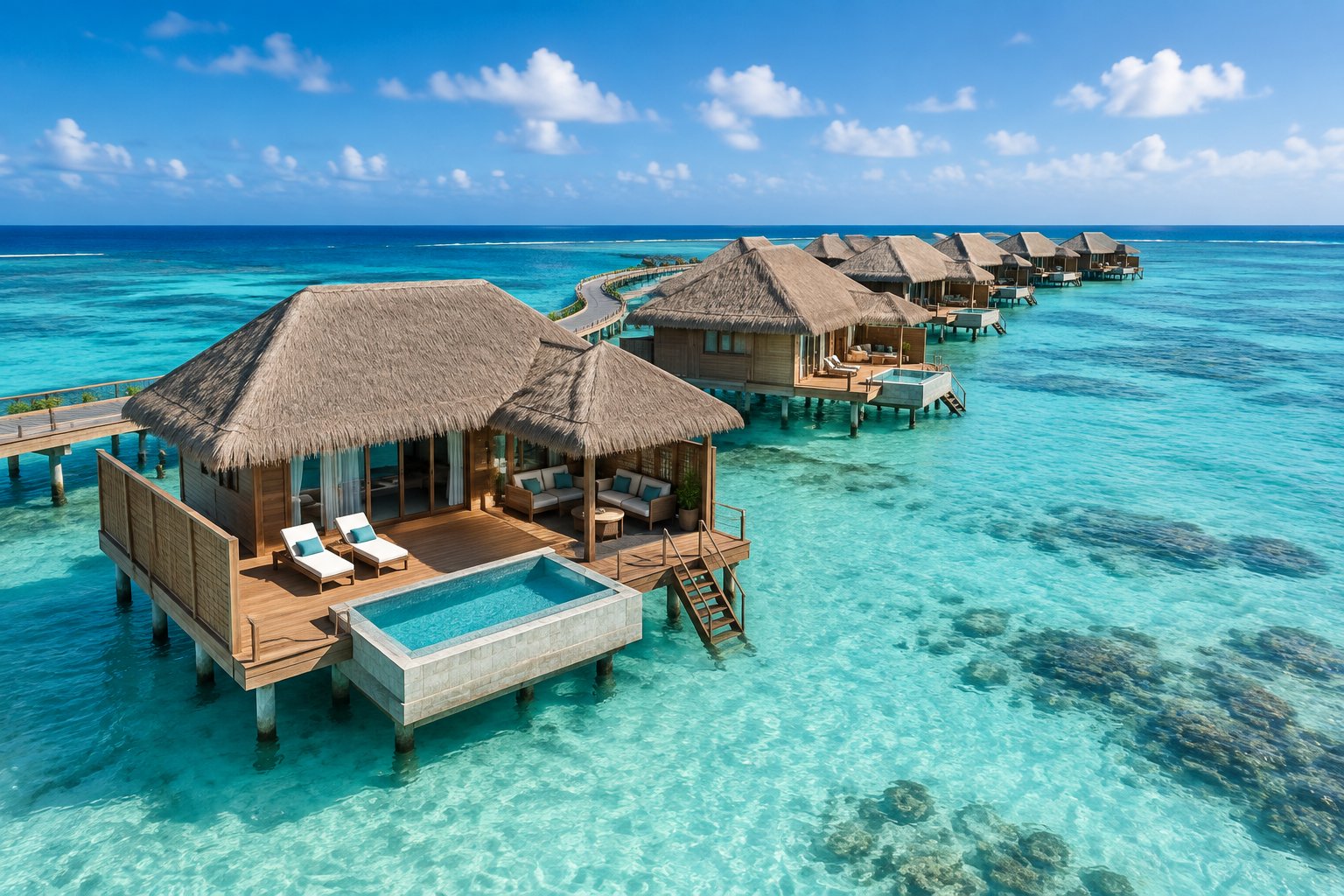 Luxury overwater villas connected by a boardwalk above a clear turquoise lagoon in Aruba.