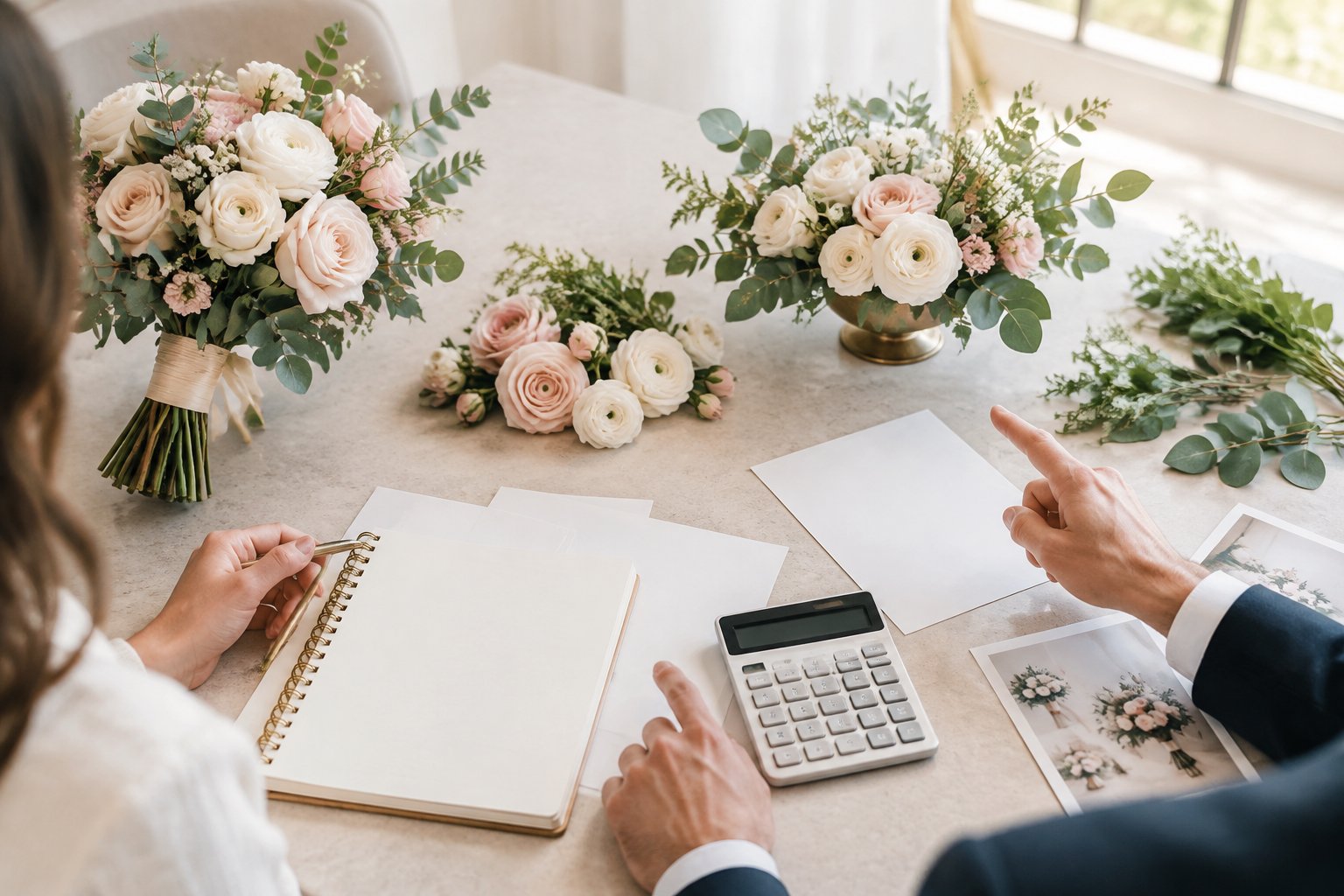 A couple compares wedding flowers and a calculator beside a budget notebook on a planning table.