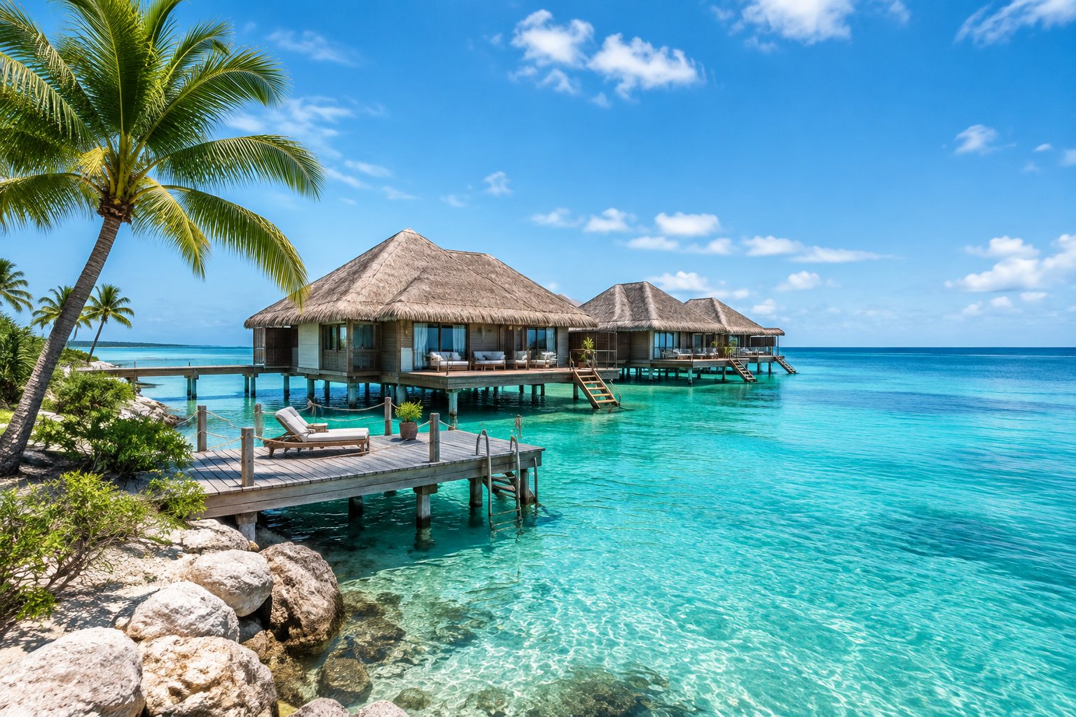 Overwater bungalows extend above clear turquoise water along a peaceful tropical coast in Savaneta.