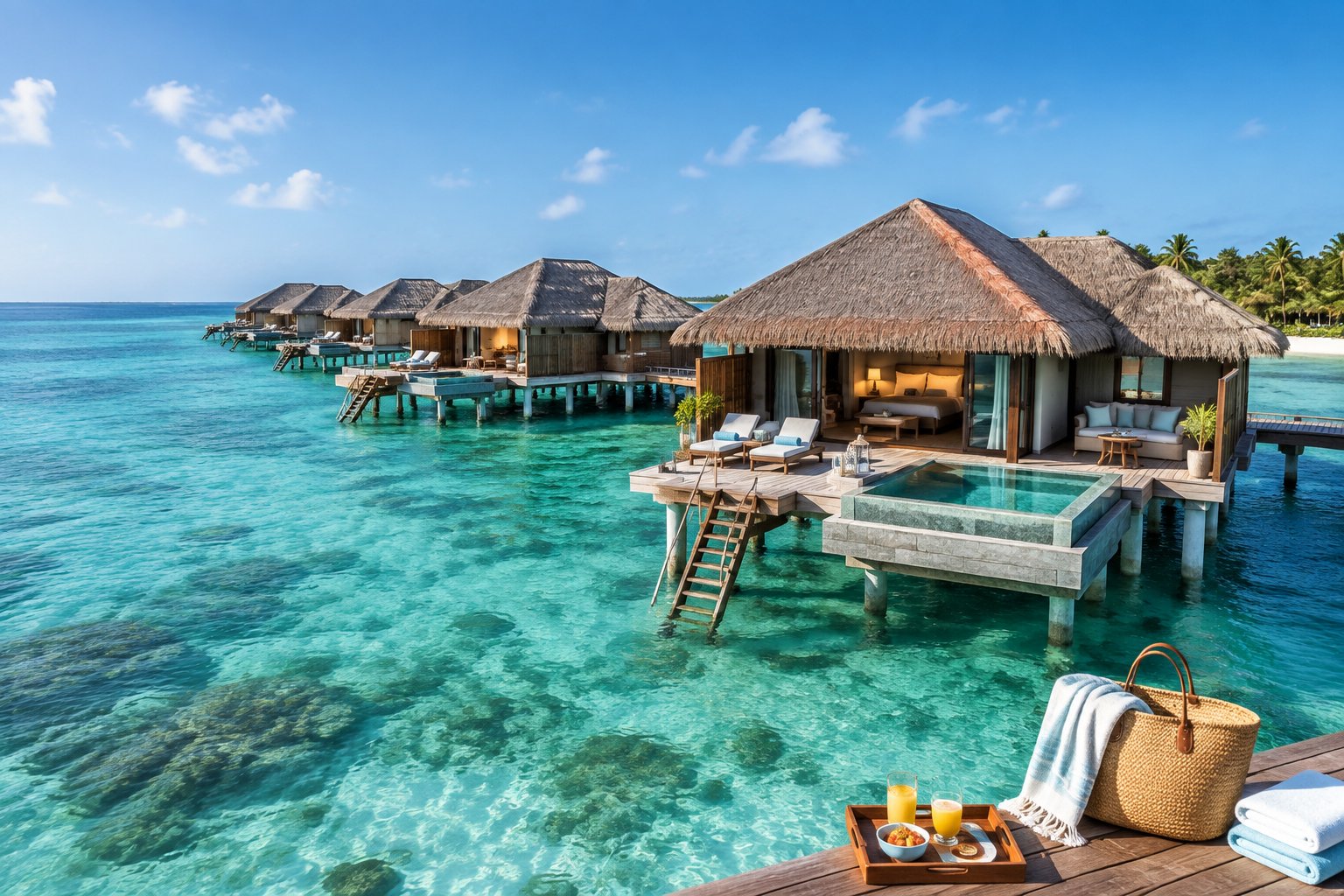 Luxury overwater bungalows stand above clear turquoise water in Aruba.