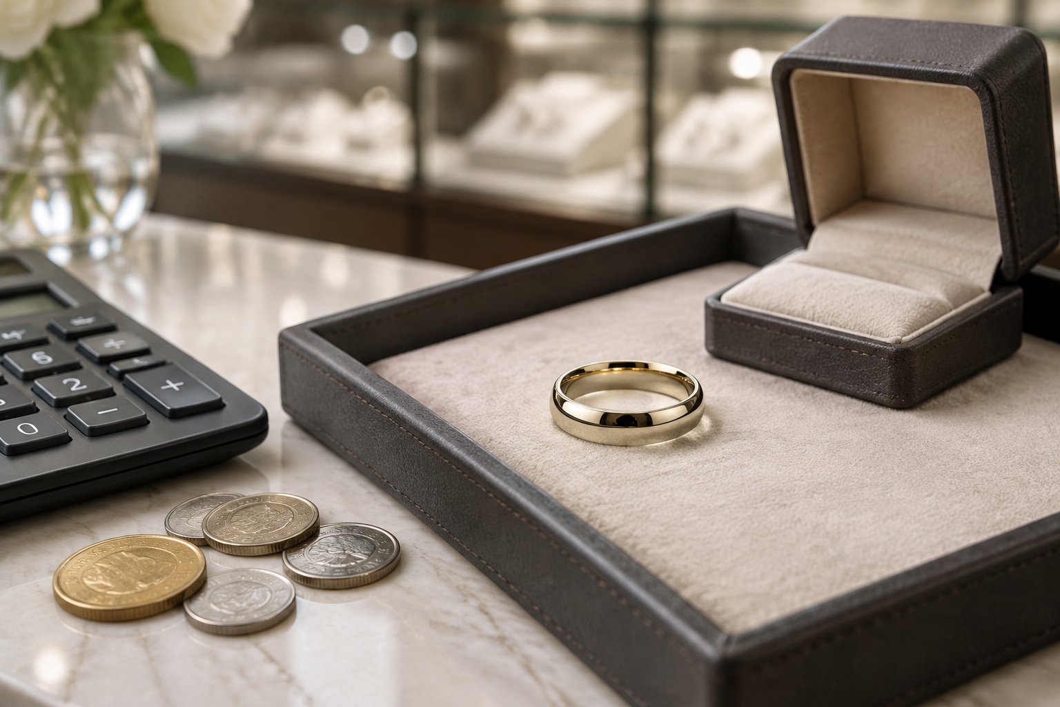 A wedding band displayed in an open ring box beside a calculator and coins on a jewelry counter.