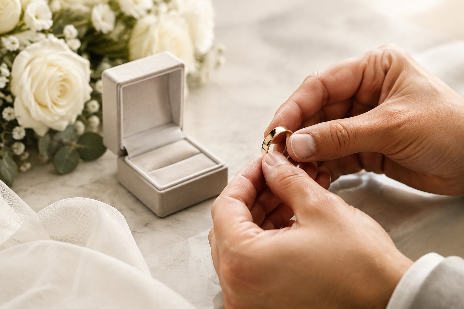 Two hands examine a polished wedding band beside an open ring box.