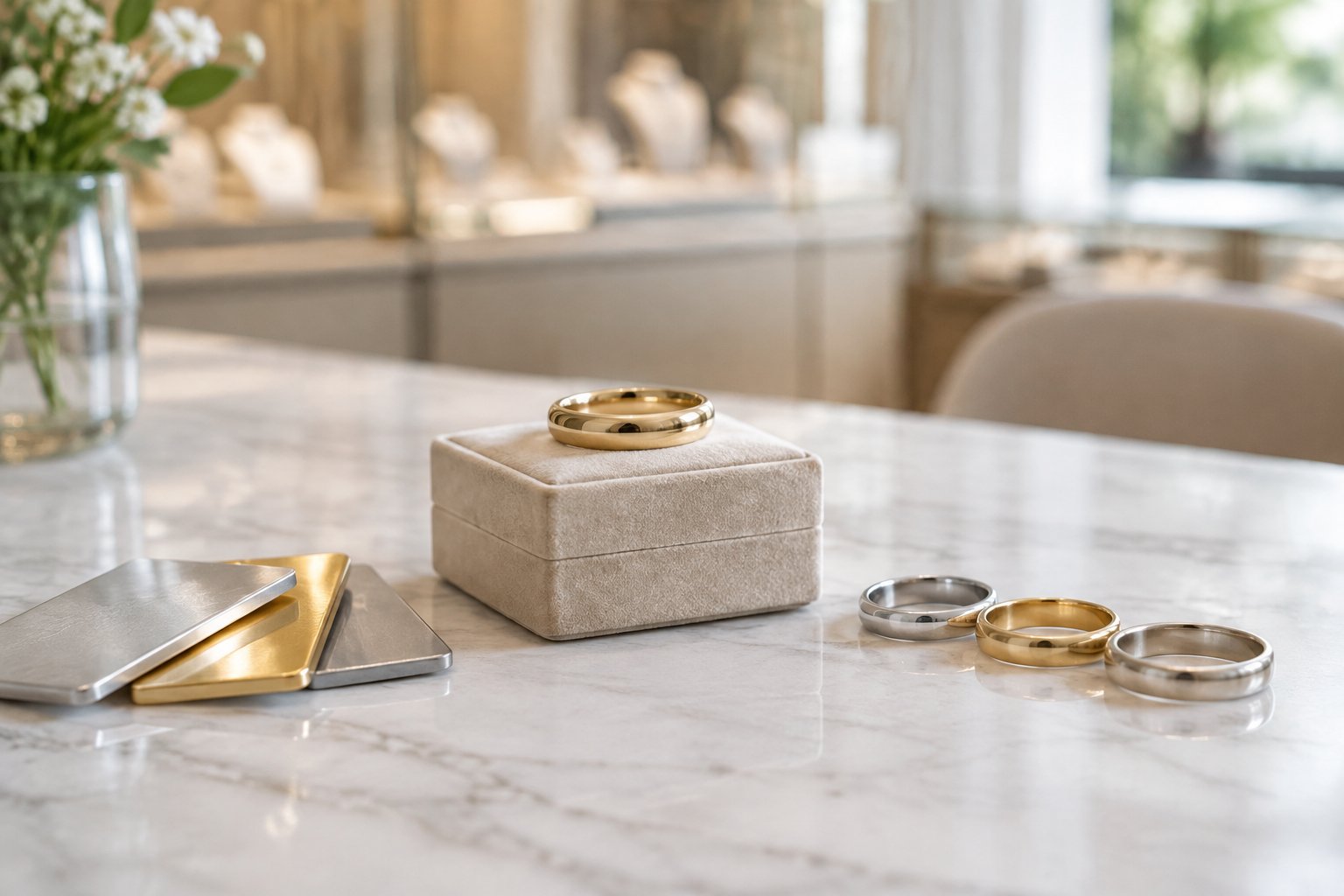 A wedding band displayed on a jewelry box beside several metal ring options.