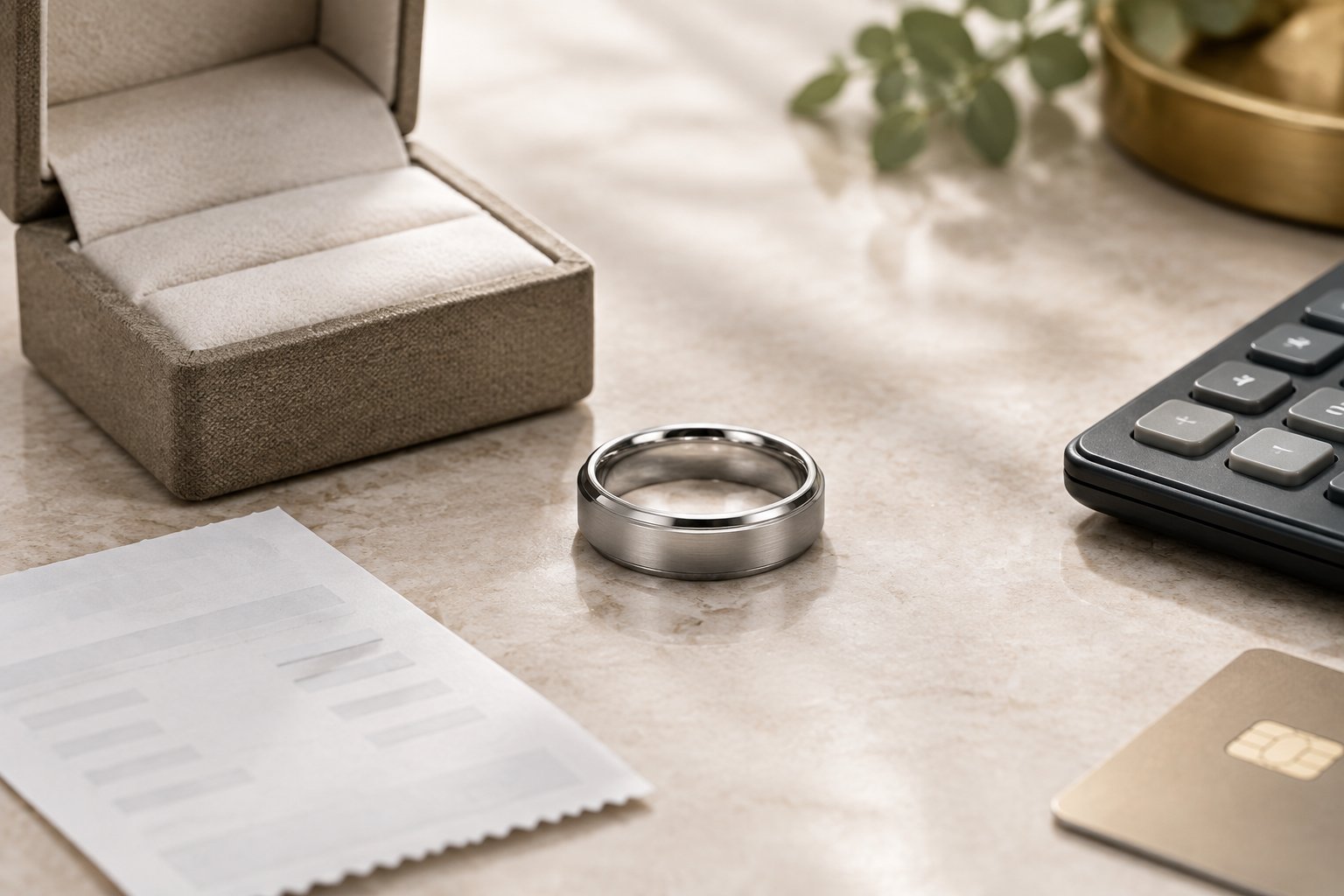 A men's wedding band displayed beside an open jewelry box and payment accessories on a neutral tabletop.