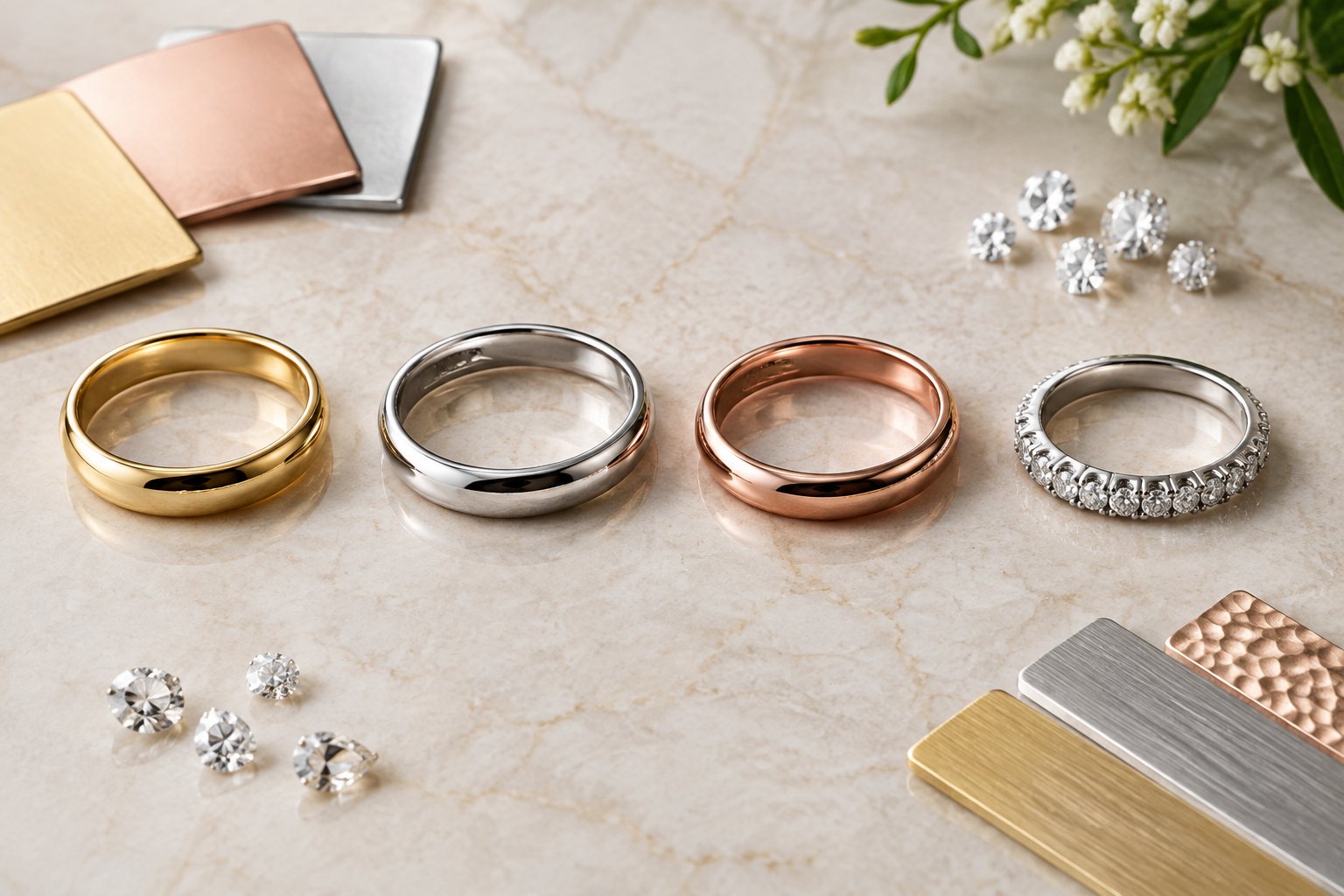 Several wedding bands with different metals and decorative details arranged on a neutral surface.
