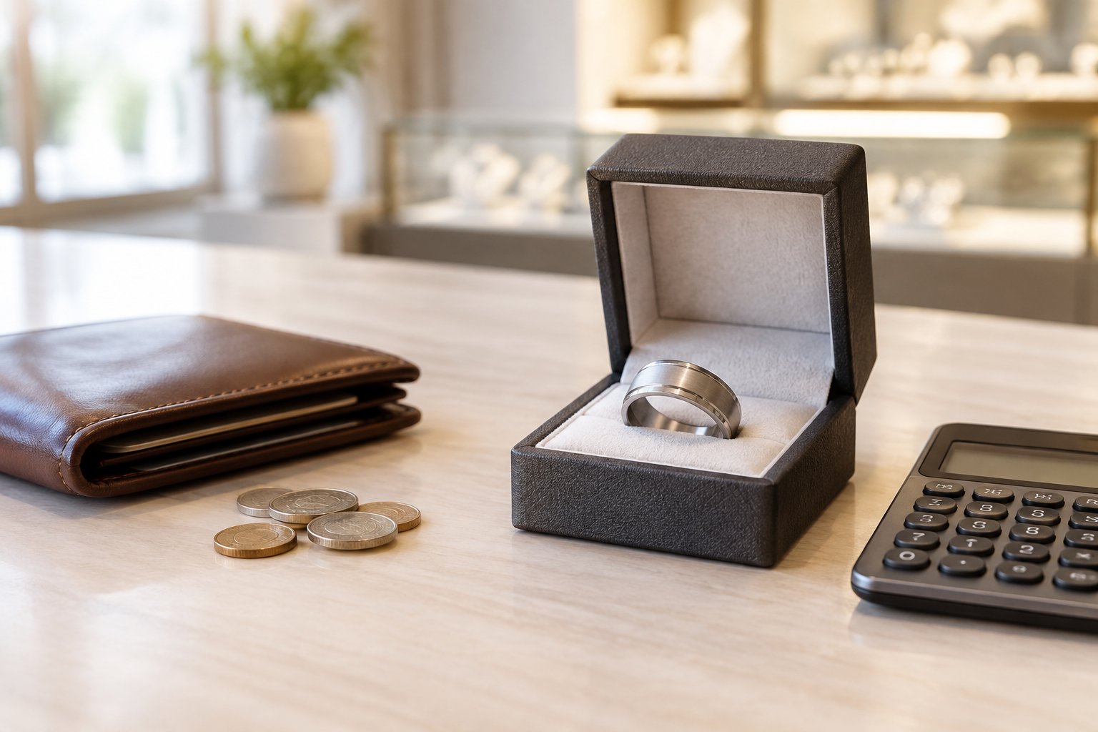 A men's wedding band in a jewelry box beside a wallet, coins, and a calculator.