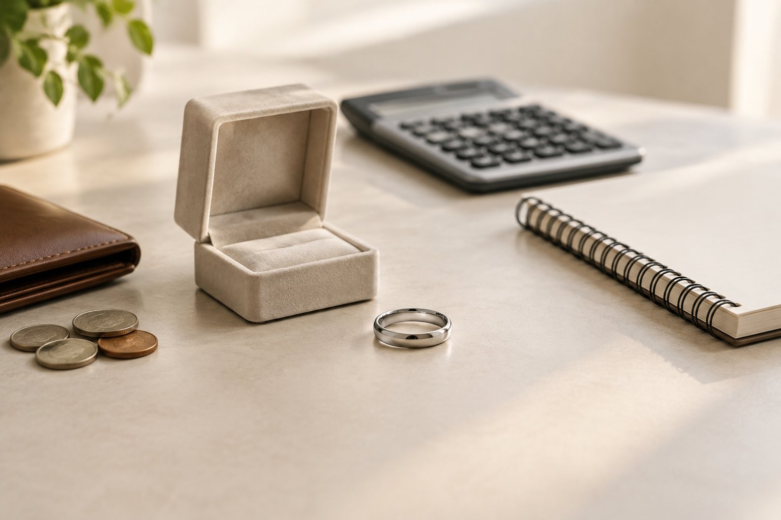 A wedding band displayed beside a jewelry box, calculator, notebook, and budgeting items on a neutral tabletop.