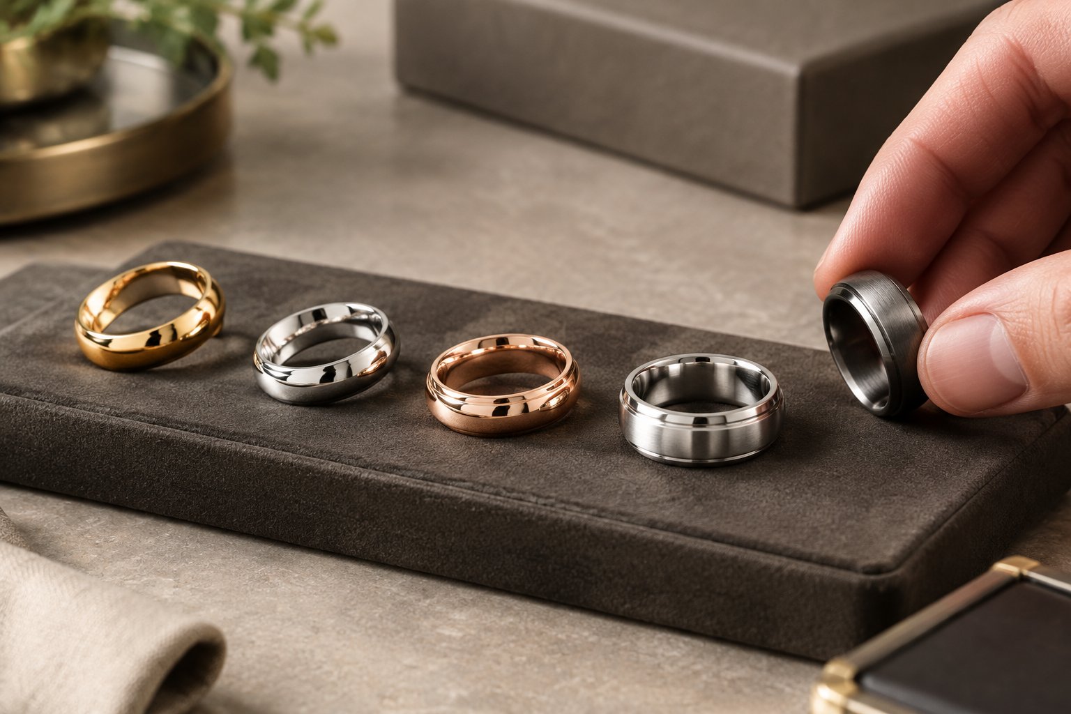 Several men's wedding bands in different metals are arranged for comparison on a jewelry display surface.
