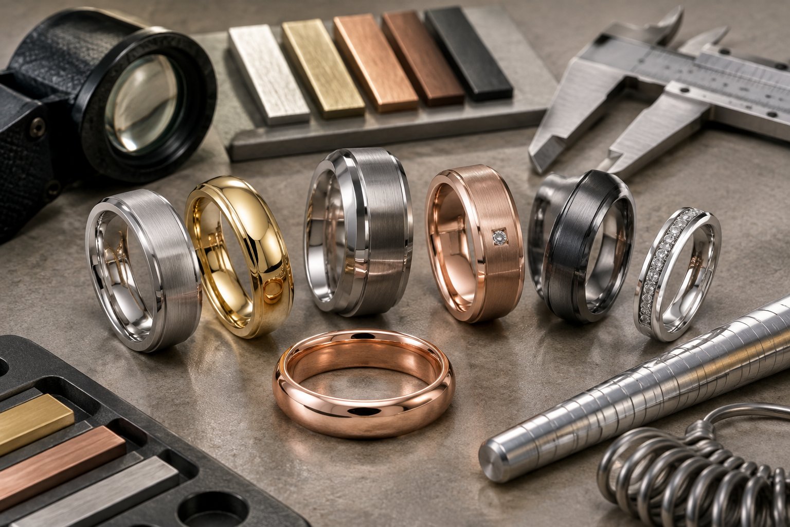 Men's wedding bands with different metals, finishes, and design details arranged on a jeweler's workbench.