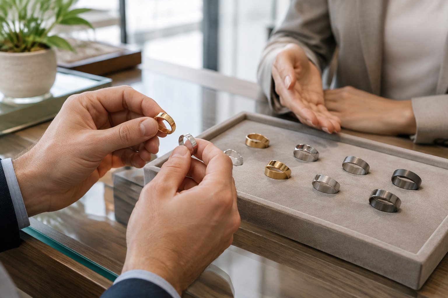 A shopper compares men's wedding bands with a jeweler at a jewelry store counter.