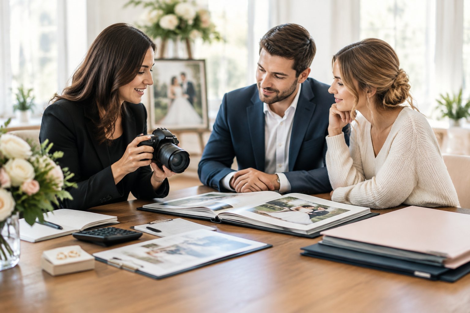 A wedding photographer discusses camera equipment, albums, and pricing materials with an engaged couple at a table.