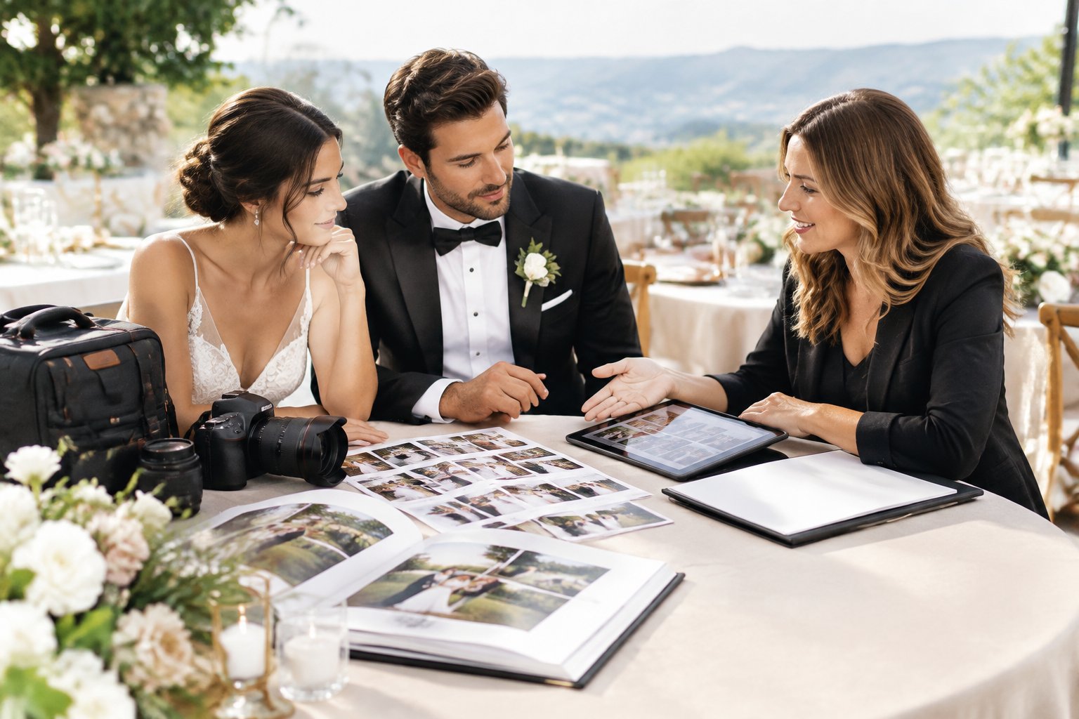 A newlywed couple discusses wedding photography services with a professional photographer at an elegant reception.