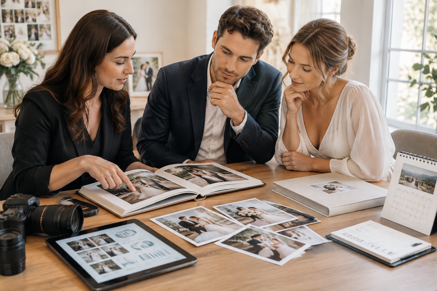 A wedding photographer discusses package options with an engaged couple at a table displaying albums, photographs, and camera equipment.