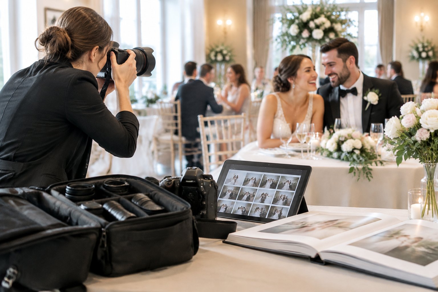 A wedding photographer captures a joyful newlywed couple at a reception beside photography equipment and a wedding album.