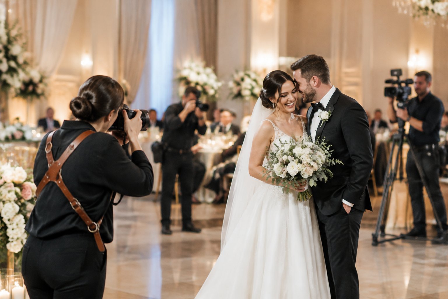 Wedding photographers and a videographer capture a newlywed couple at an elegant reception.