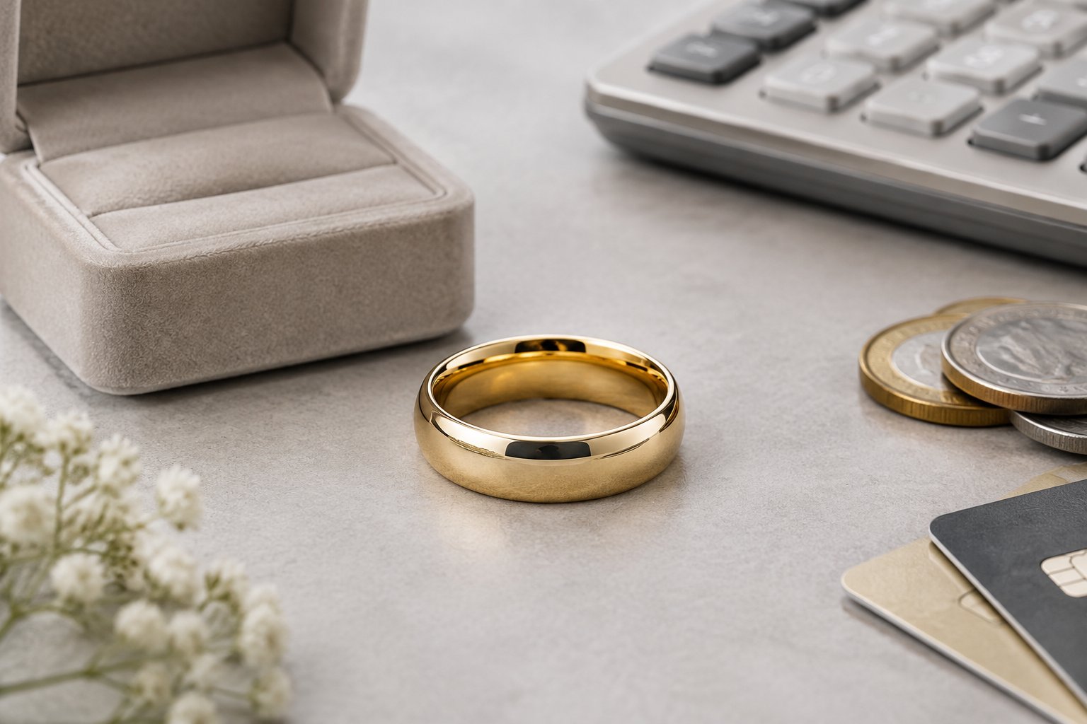 A men's gold wedding band displayed beside an open ring box and simple payment items.