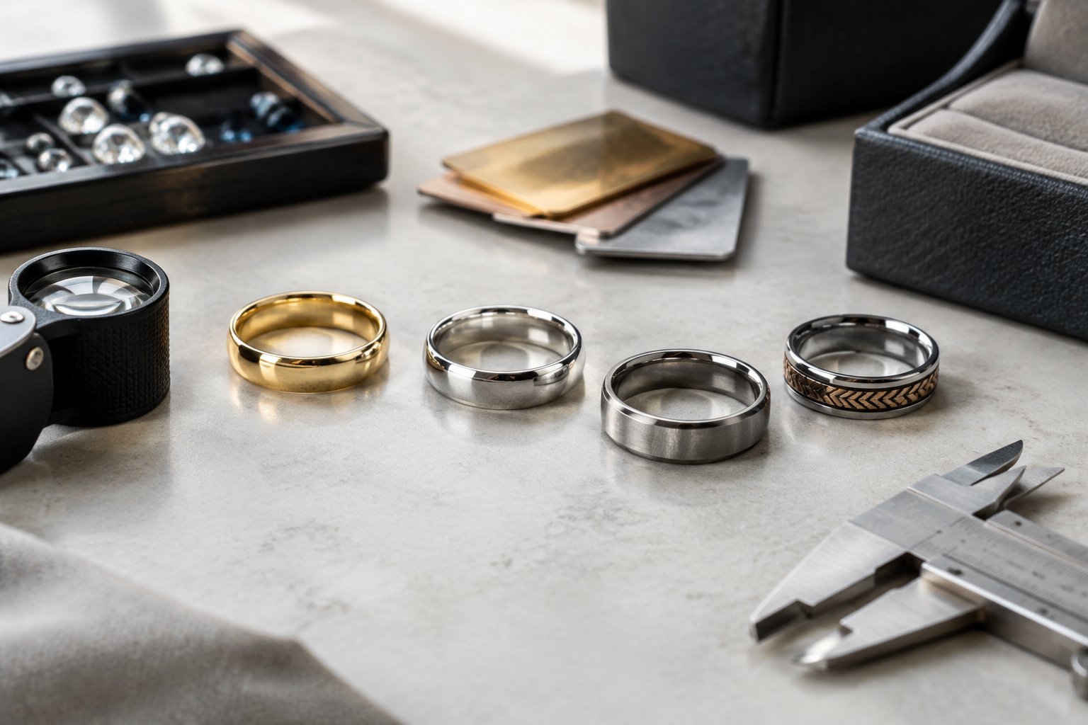 Several men's wedding bands and jewelry-making tools arranged on a jeweler's workbench.