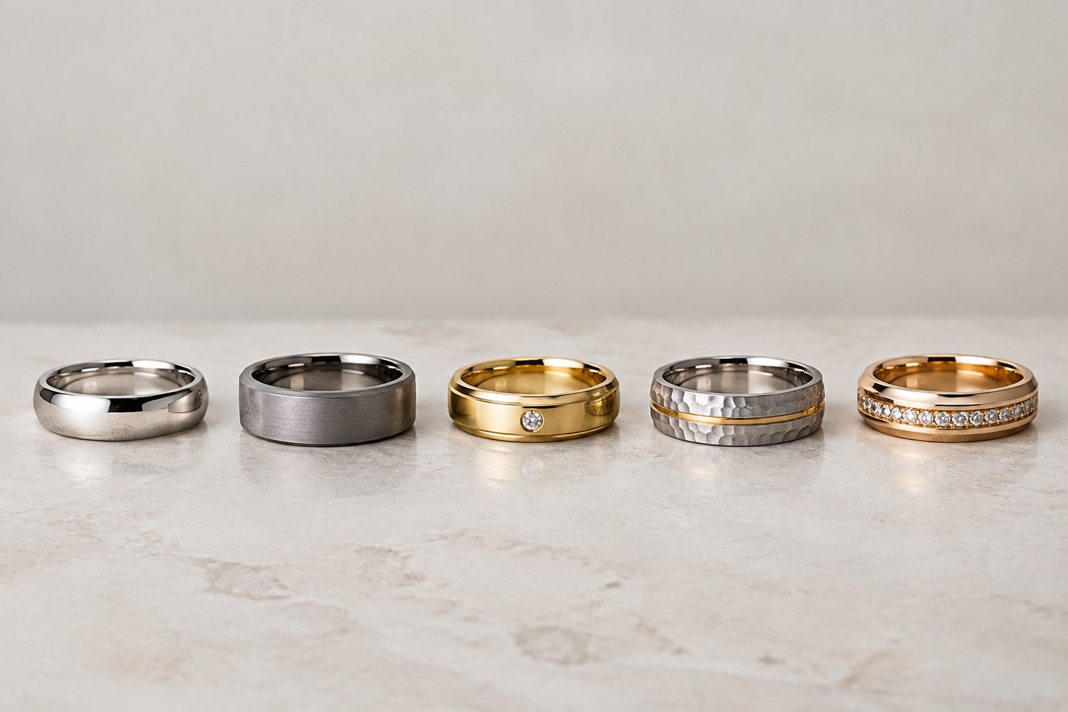 Men’s wedding bands in several styles arranged from simple to luxurious.