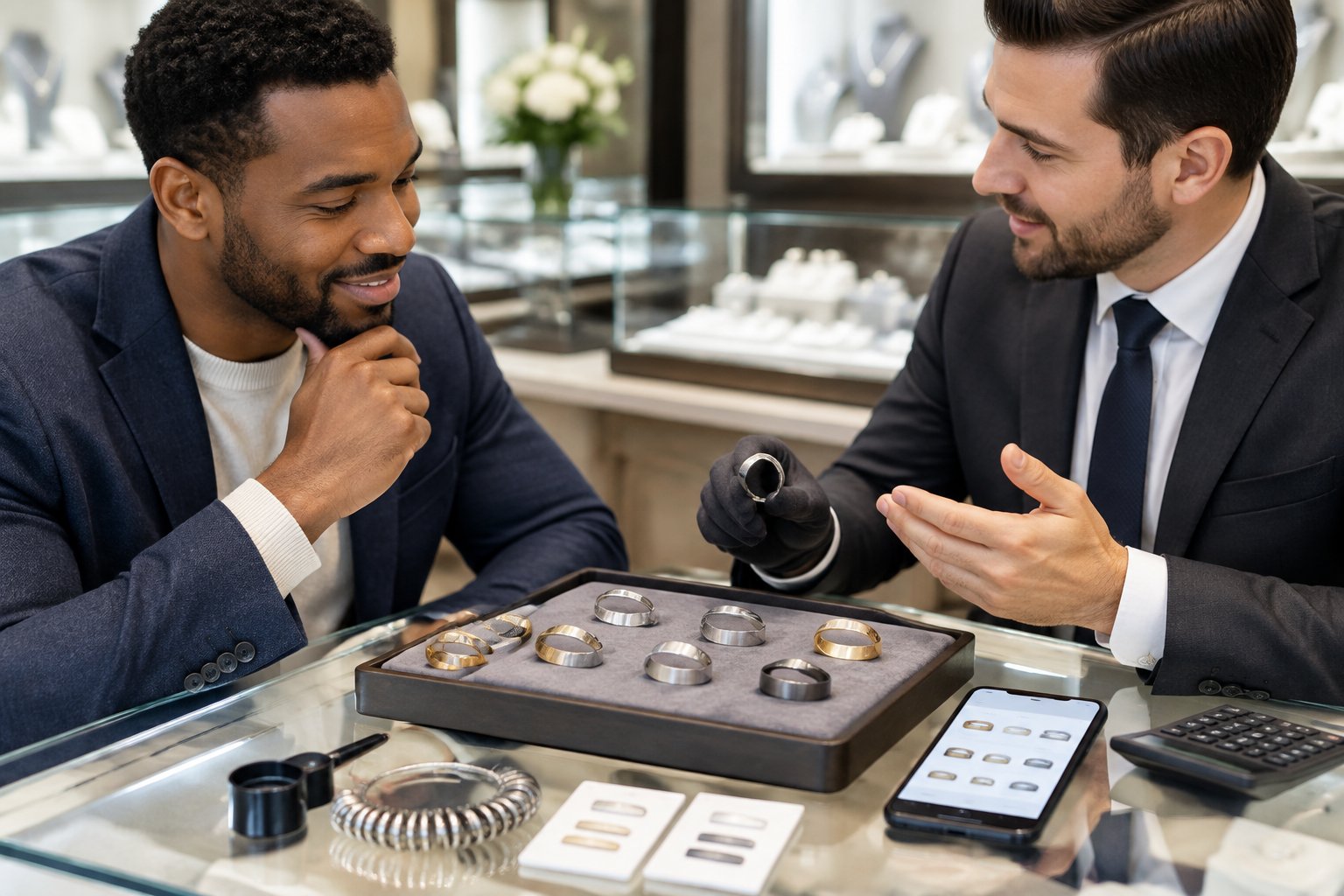 A customer compares several men's wedding bands with a jeweler at a jewelry store counter.