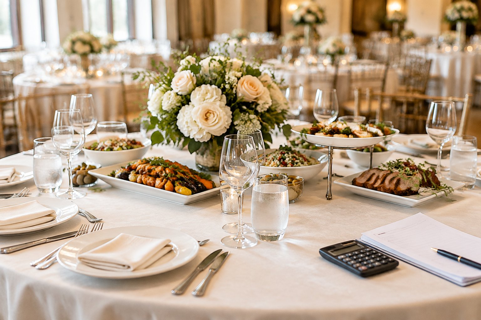 A catered wedding reception table with plated food, tableware, floral decorations, and a calculator beside paperwork.