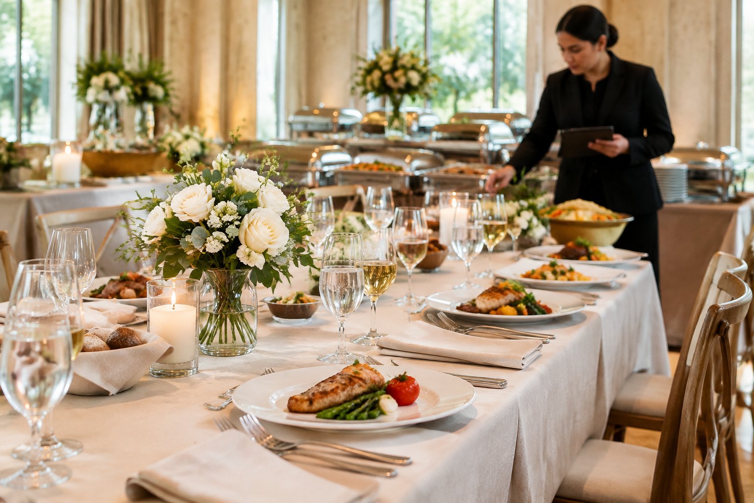 An elegant wedding reception table with plated meals, place settings, floral centerpieces, and a caterer arranging the service.