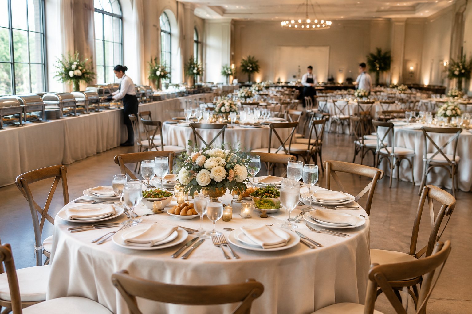 Wedding reception tables with increasing numbers of place settings and catering dishes.