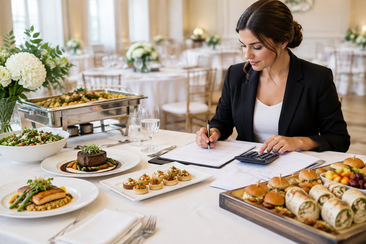 A wedding planner compares several catering meal options at a reception dining table.