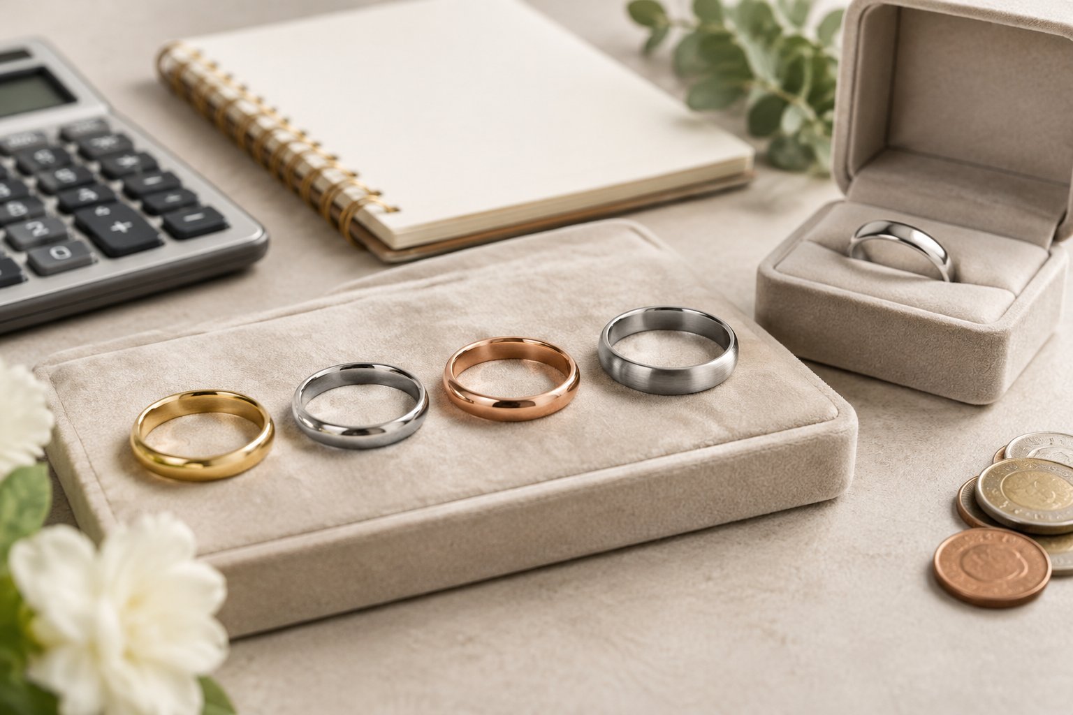 Several wedding bands displayed beside an open ring box, calculator, notebook, and coins.