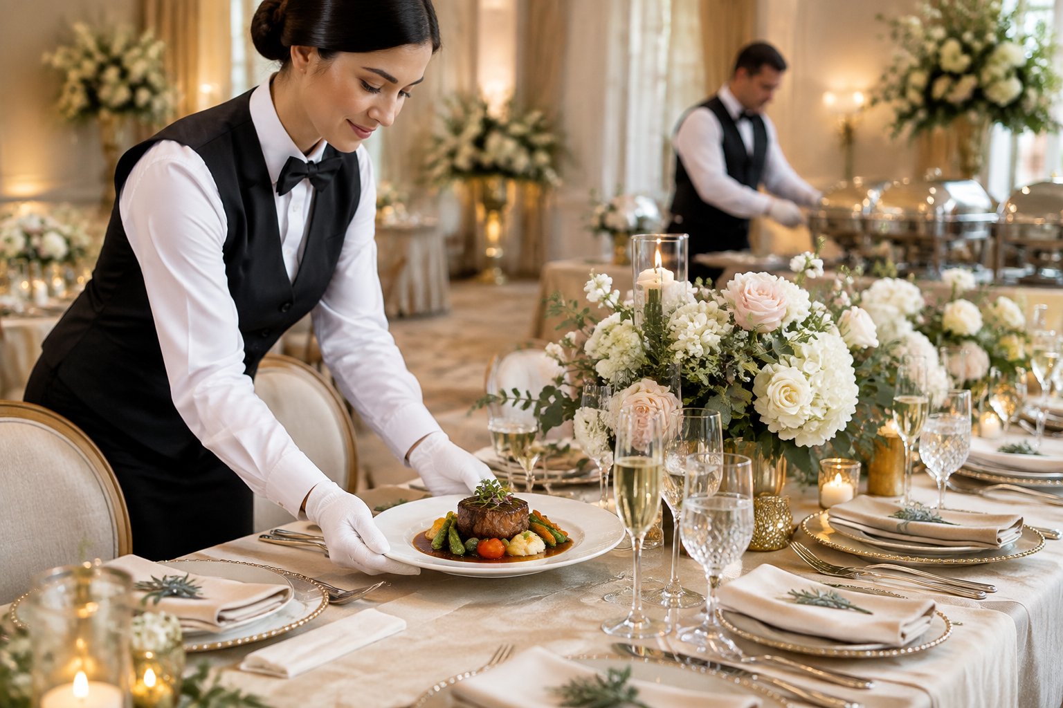 A caterer serves a gourmet meal at an elegantly arranged wedding reception table.