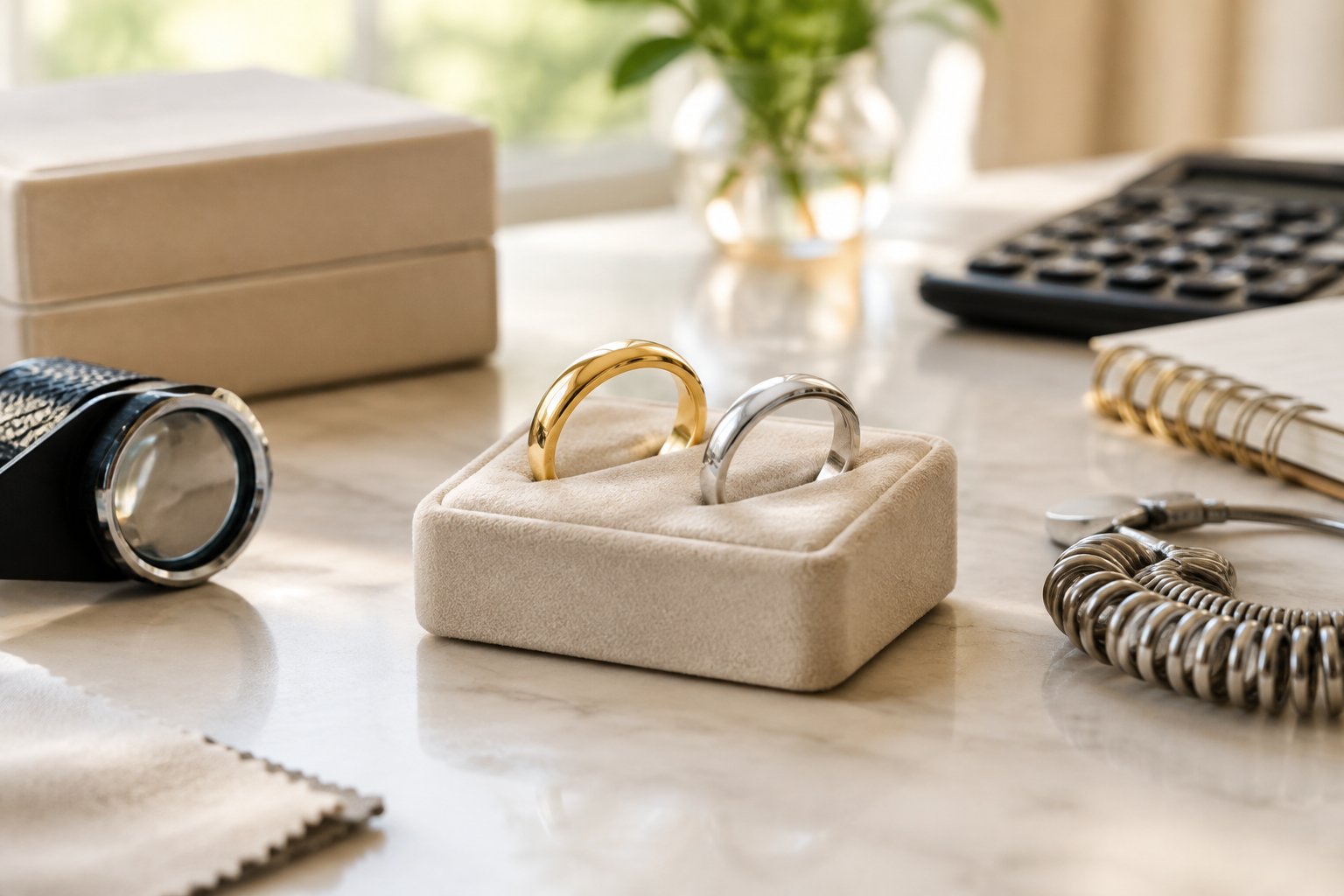 Two wedding bands displayed on a jewelry stand beside tools and accessories associated with budgeting for a ring.