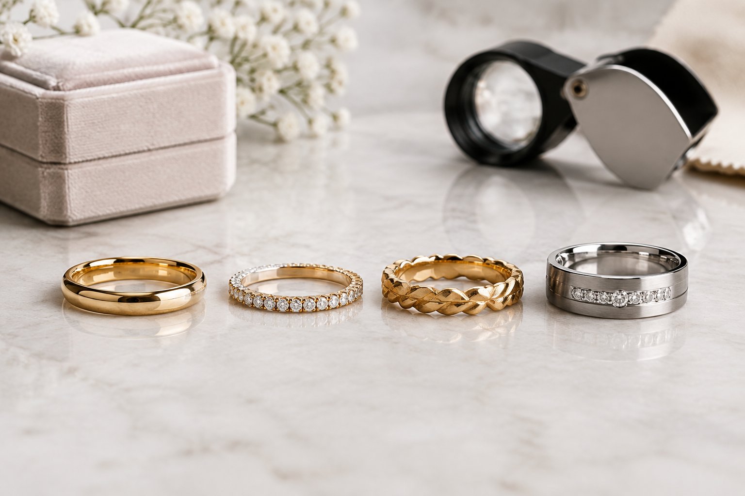 Several wedding bands arranged on a light surface beside a jewelry box and loupe.