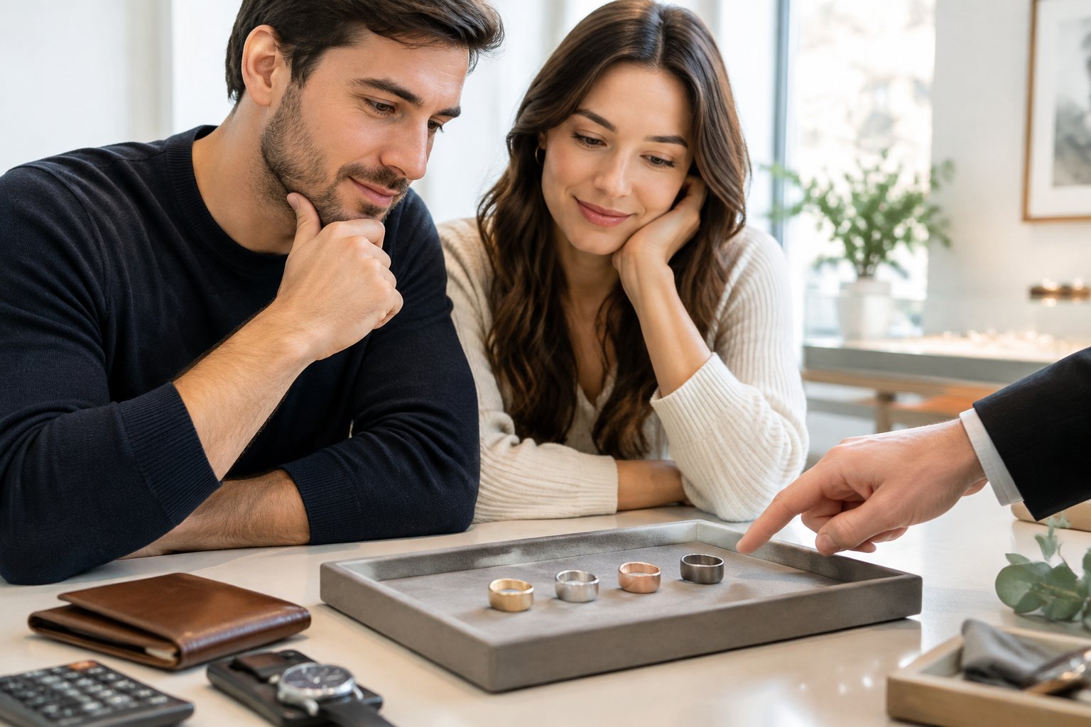 A couple compares gold, platinum, and durable metal wedding bands with a jeweler.