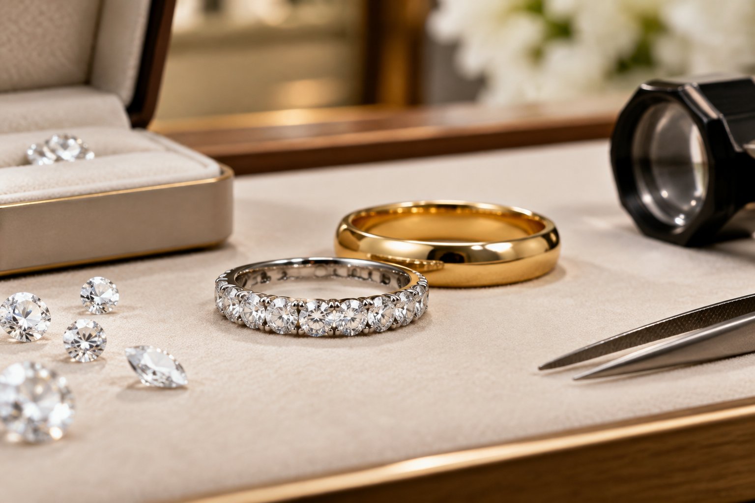 Diamond and plain gold wedding bands displayed with loose diamonds and jewelry tools.